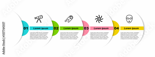 Set line Telescope, Comet falling down fast, Black hole and Alien. Business infographic template. Vector