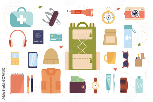 Things to travel. Set of travel accessories isolated on white background. The contents of the backpack, essentials, things, food, hygiene products and equipment. Vector illustration