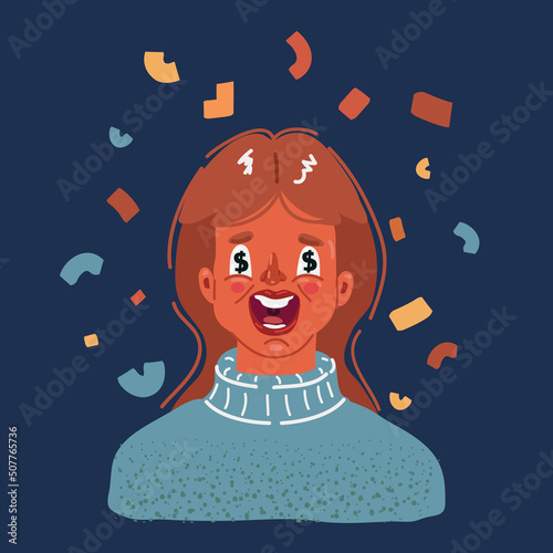 Cartoon vector illustration of Greedy woman with dollar signs in eyes. Person obsessed with money and finance. Wealthy character.