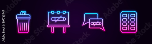 Set line Trash can, No smoking, and Nicotine gum blister pack. Glowing neon icon. Vector