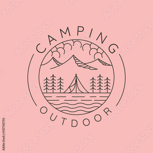 mountain camping outdoor line art logo vector symbol illustration design