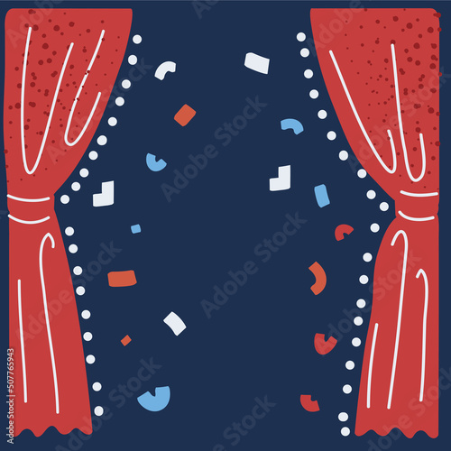 Cartoon vector illustration of Open theatrical stage curtain.