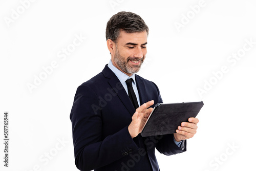Businessman using tablet on white background	