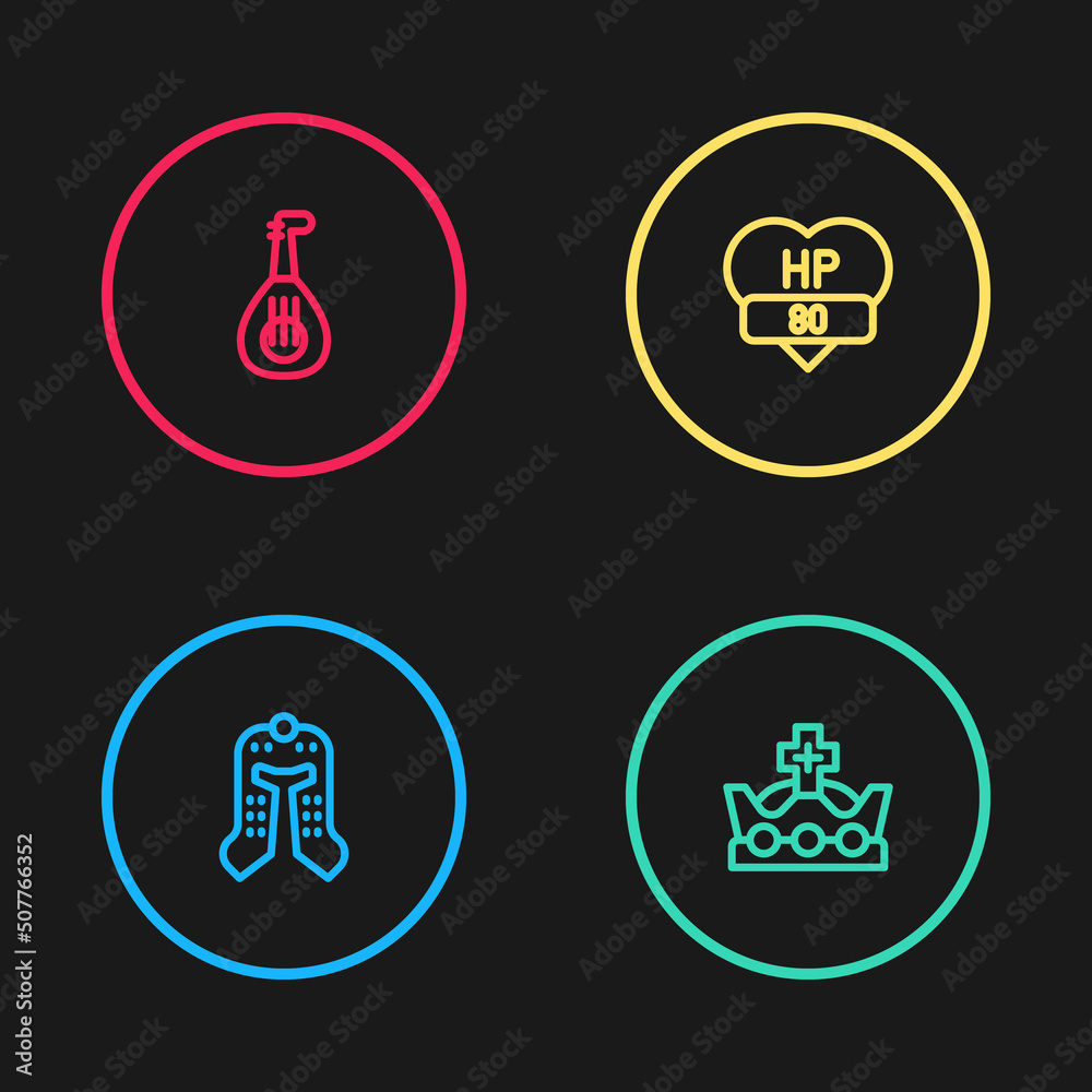 Set line Medieval helmet, King crown, Video game bar and Lute icon. Vector