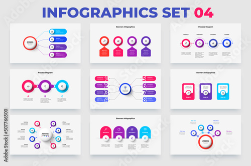 Set of infographic elements for business presentation and infographic. Flowcharts, banners, cycle and timelines with 3, 4, 5, 6 and 8 options.