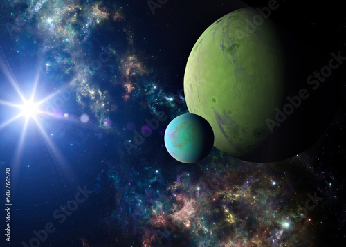 Planets and exoplanets of unexplored galaxies. Sci-Fi. New worlds to discover. Colonization and exploration of nebulae and galaxies. Planet and rings. 3d rendering © Naeblys