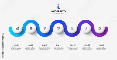 Seven circles placed in horizontal row connected by a curved line. Concept of 7 stages of marketing strategy. Modern infographic design template.