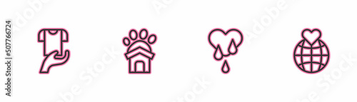 Set line Clothes donation, Blood, Animal shelter house and Hand holding Earth globe icon. Vector