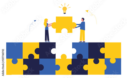 Business concept. Team metaphor. People connect puzzle elements.  Flat illustration in flat design style. Teamwork, collaboration, partnership. Businessmen working together and moving towards success.