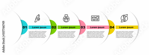 Set line Donation water, Heart with animals footprint, Bank check and Pleasant relationship. Business infographic template. Vector