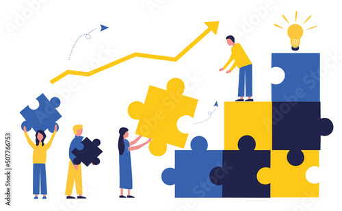 Business concept. Team metaphor. People connect puzzle elements.  Flat illustration in flat design style. Teamwork, collaboration, partnership. Businessmen working together and moving towards success.