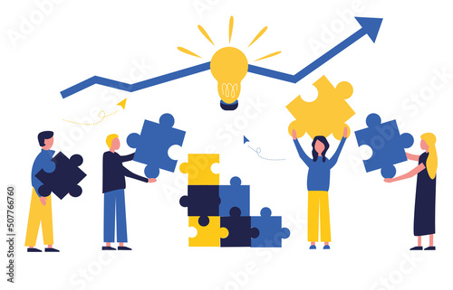 Business concept. Team metaphor. People connect puzzle elements.  Flat illustration in flat design style. Teamwork, collaboration, partnership. Businessmen working together and moving towards success.