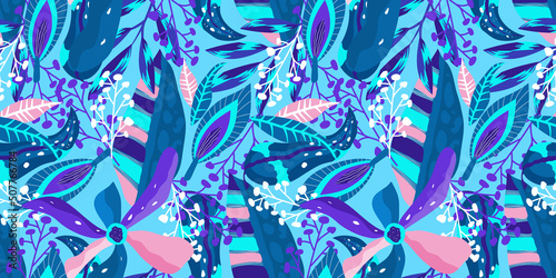 Neon tropic floral seamless pattern on blue background. Floral neon for bright summer design. Tropic jungle in abstract style on blue background