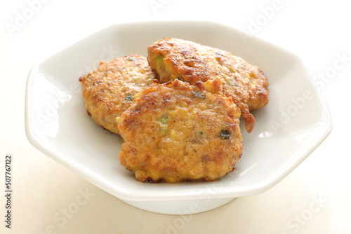Chinese food, minced pork and tofu pancake with spring onion for comfort food image 