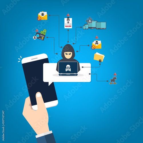 Hacker notification on mobile phone. Smartphone with hacker attack alert.	