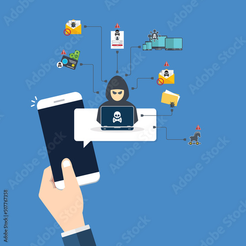 Hacker notification on mobile phone. Smartphone with hacker attack alert.	