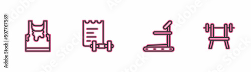 Set line Sweaty sleeveless t-shirt, Treadmill machine, Sport training program and Bench with barbell icon. Vector