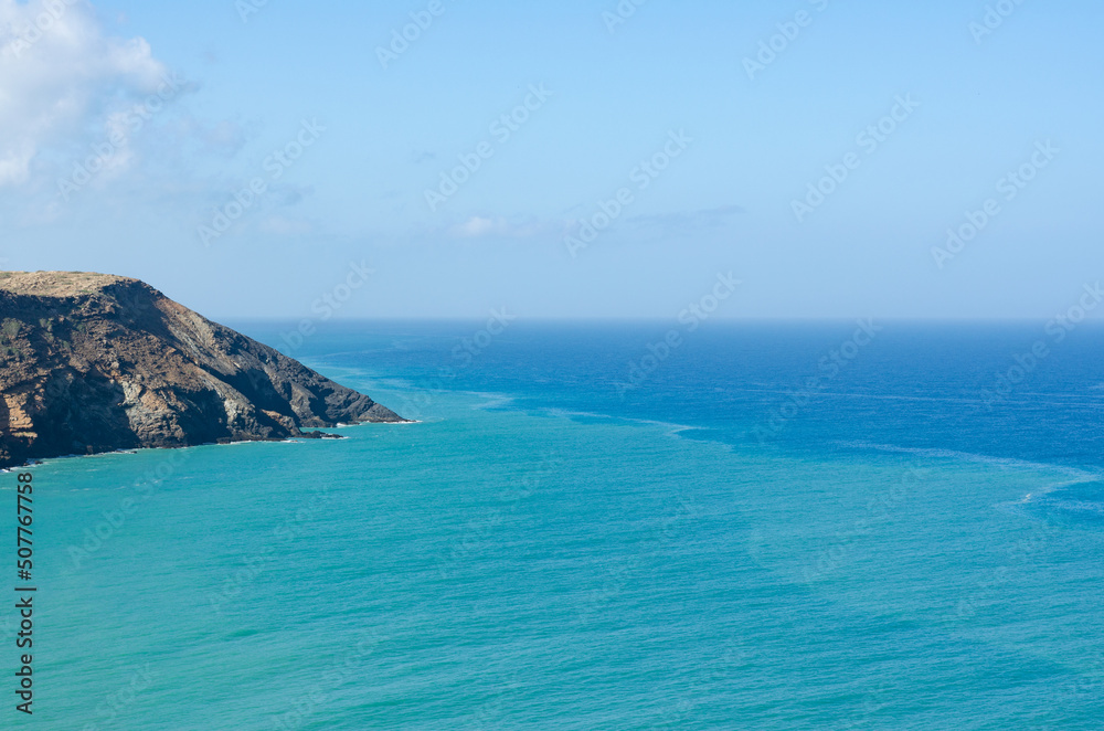 Landscape of the Colombian Caribbean coast in Guajira with sea and desert.