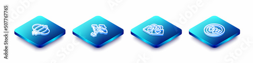 Set Isometric line Korean lantern, Bonsai tree, Lock with heart and South won coin icon. Vector