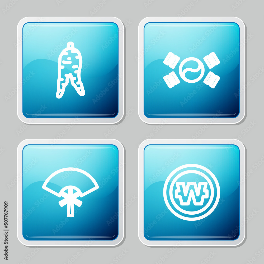 Set line Ginseng root, South Korea flag, Traditional fan and Korean won coin icon. Vector Set line Ginseng root, South Korea flag, Traditional fan and Korean won coin icon. Vector