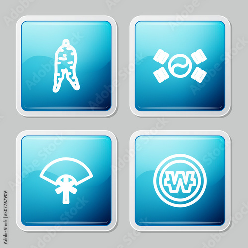 Set line Ginseng root, South Korea flag, Traditional fan and Korean won coin icon. Vector