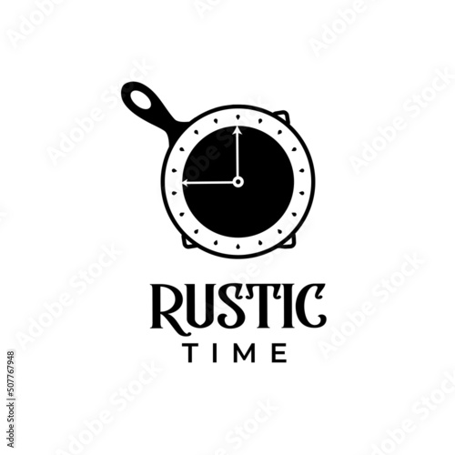 Vintage Retro Rustic, iron skillet clock symbol, time for food dishes, classic restaurant kitchen, traditional food, restaurant food, logo vector illustration