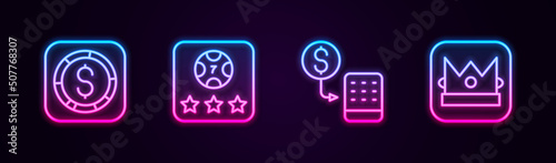Set line Coin money with dollar, Online poker table game, Casino chips exchange and King playing card. Glowing neon icon. Vector