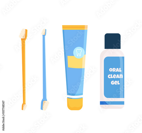 Flat dog and cat grooming tools for behind the mouth care isolated on white background. Toothbrush, toothpaste, tooth gel. Vector pet tooth care equipment elements.
