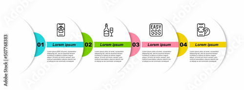 Set line Lucky wheel on phone, Champagne bottle with glass, Money prize in casino and Online poker table game. Business infographic template. Vector