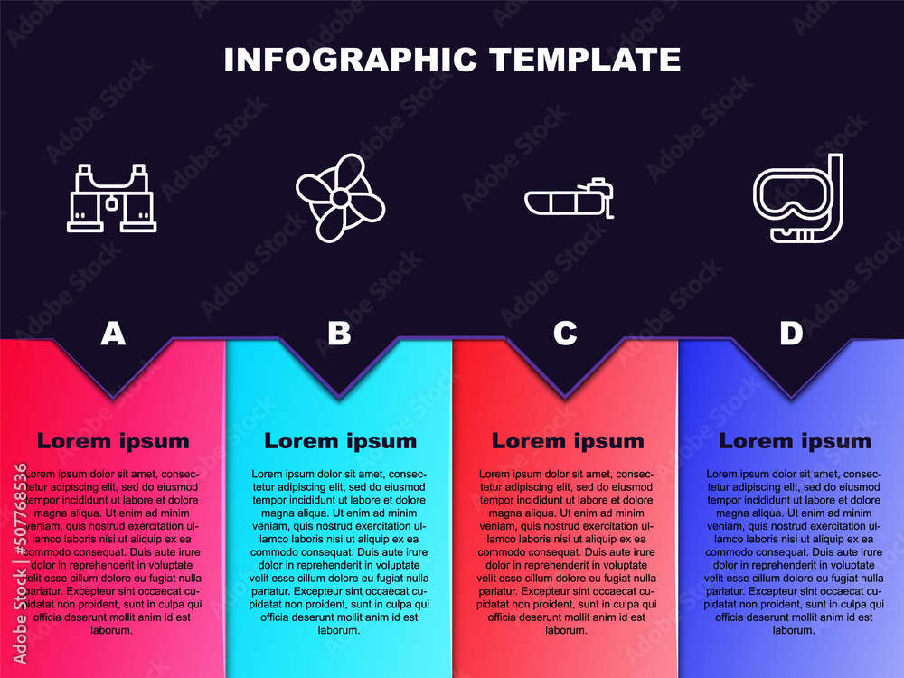 Set line Binoculars, Boat propeller, Inflatable boat with motor and Diving mask and snorkel. Business infographic template. Vector
