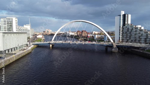 Aerial Drone Shot of Squinty Bridge on River Clyde in Glasgow City Centre Scoland photo