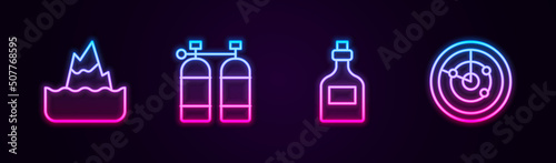 Set line Iceberg, Aqualung, Rum bottle and Radar with targets. Glowing neon icon. Vector