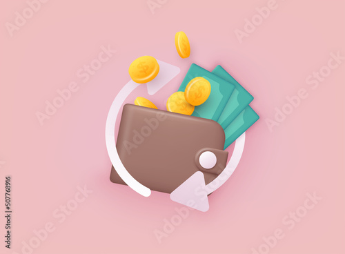 Cashback money refund icon concept.  Wallet with coins and money. 3D Web Vector Illustrations.