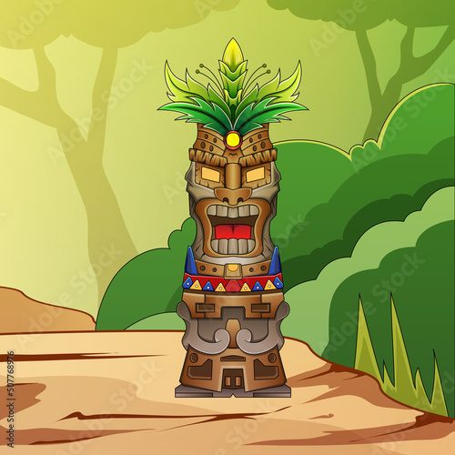 Vintage tiki mask wooden voodo colorful concept poster