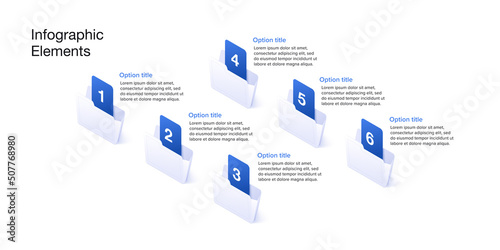 Business process chart infographics with 6 step folders. Corporate workflow graphic elements. Company flowchart presentation slide. Vector info graphic in isometric design.