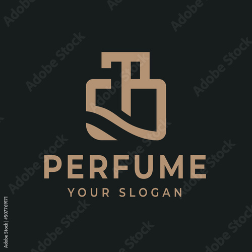 Logo design with Premium perfume bottle line and ornament line, T P lettering, suitable for fashion cosmetic business