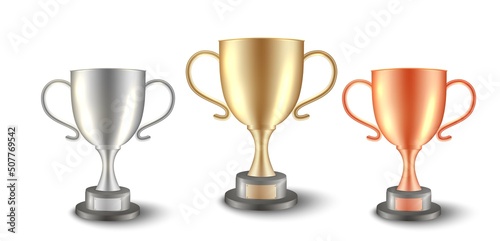 Trophy cup. Gold silver bronze prize. Vector winner championship realistic cups