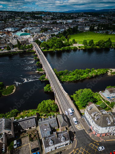 Smeaton's Bridge crossing the River Tay in Perth, Scotland by drone. Taken from Bridgend and looking over the water into Perth City Centre and the North Inch photo