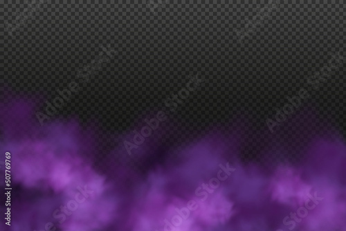 Realistic scary mystical fog in night Halloween. Purple poisonous gas, dust and smoke effect.