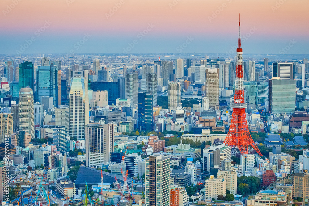 Japanese Travel Destinations. Twilight View of Picturesque Tokyo Skyline During Blue Hour in Japan.