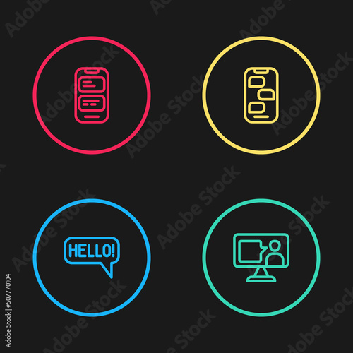 Set line Hello in different languages, Foreign online study, New chat messages notification and Online translator icon. Vector