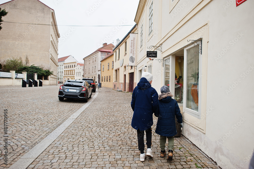 Boys walking old town Znojmo in the South Moravian Region of the Czech Republic.