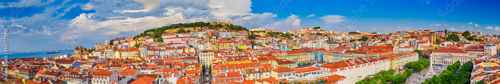Romantic Destinations. Panorama of The Oldest Alfama District in Lisbon in Portugal While Townscape Scenery Made During Daytime.