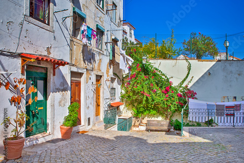 Romantic Traveling Places. Traditional Colorful Old Backyard of One of The Houses in Lisbon in Portugal.