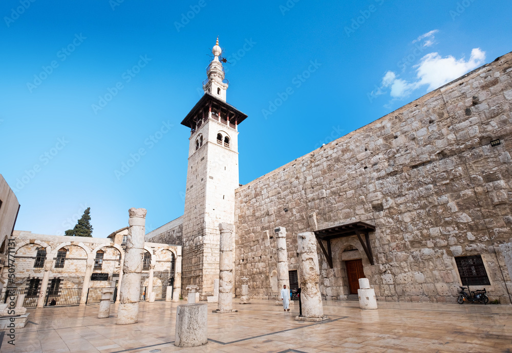 Damascus, Syria - May, 2022: Exterior of the Umayyad Mosque and Mausoleum of Saladin in Damascus