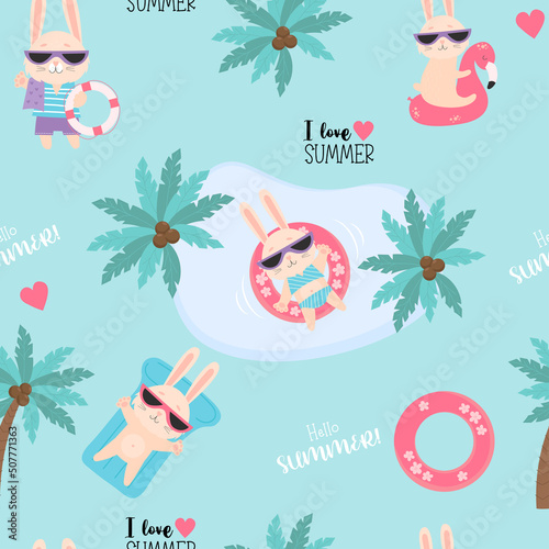 Summer tropical seamless pattern. Funny beach bunnies in sunglasses swim on waterproof inflatable circle and mattress on blue background with tropical palms. Vector illustration. I love summer