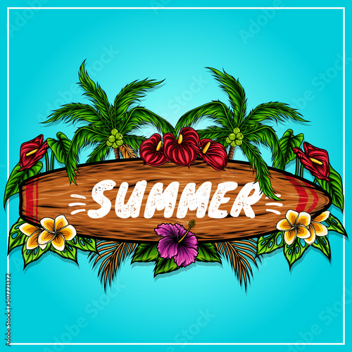 wooden surf board that says summer with tropical plants vector illustration