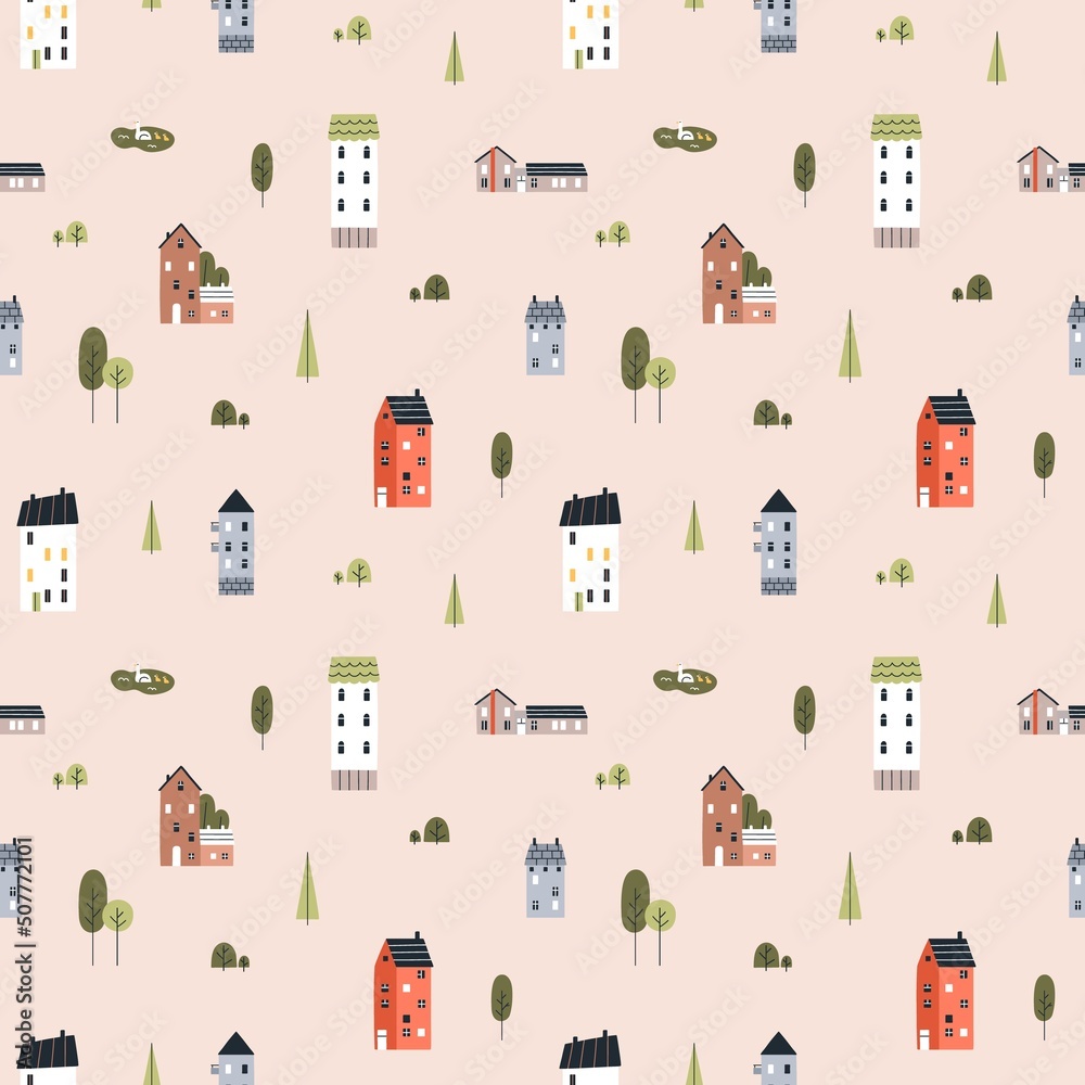 Seamless Scandinavian pattern with cute small houses, trees. Endless background design with sweet little homes repeating print. Scandi Nordic styled town texture. Colored flat vector illustration
