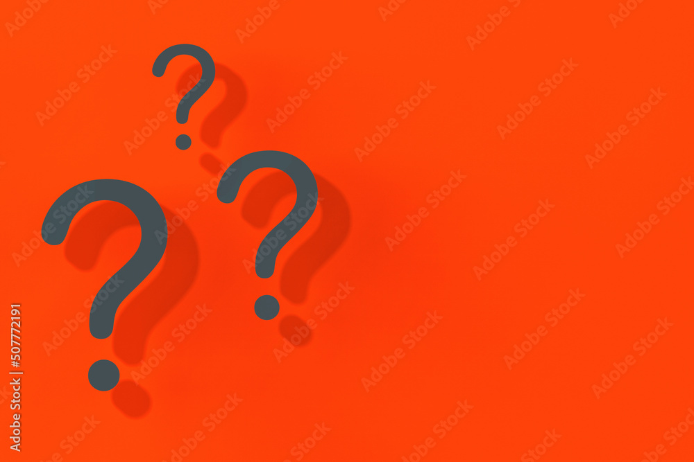 Question marks with shadow on red background.Technical support. Answers to questions. Horizontal image. 3D image. 3D rendering. Question marks with shadow on red background.Technical support. Answers to questions. Horizontal image. 3D image. 3D rendering.