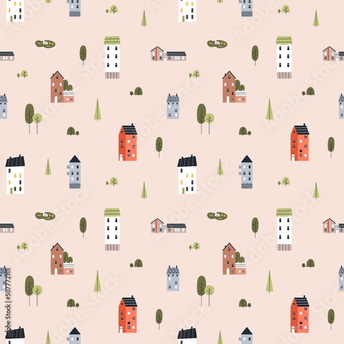 Seamless Scandinavian pattern with cute small houses, trees. Endless background design with sweet little homes repeating print. Scandi Nordic styled town texture. Colored flat vector illustration